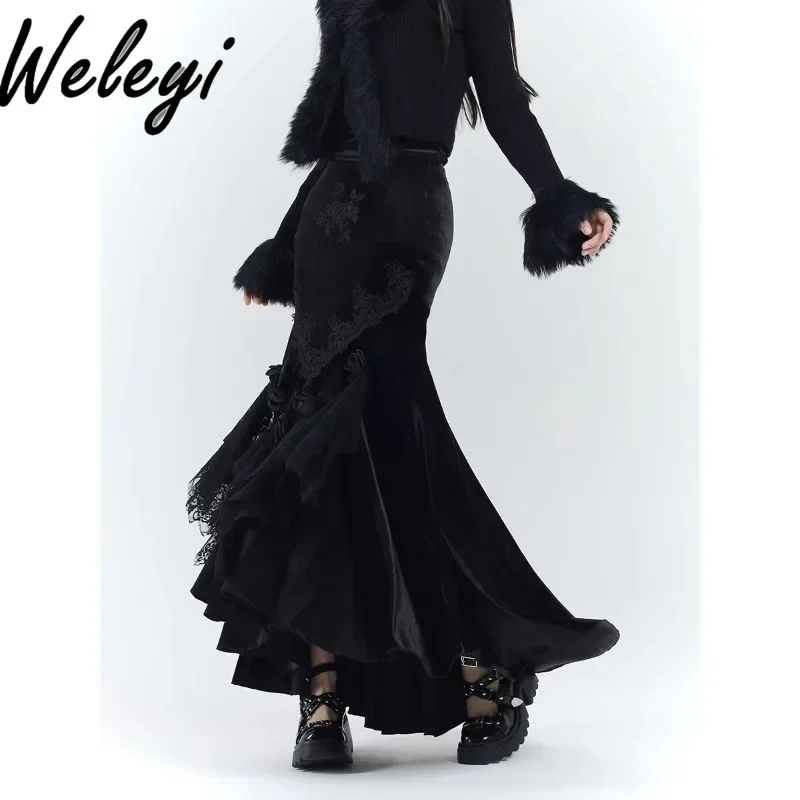 

Halloween Costume Black Long Velvet Fishtail Skirt Women Gothic 2024 Fall New Cool Girl Vintage High Waisted Pure Color Skirts