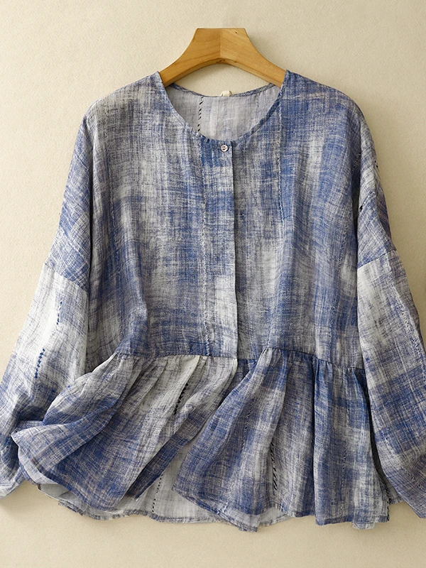 

Large Size Women's irt New Chinese Sle Zen Printed Design Open Cardigan Top Skin-friendly Breathable Long Sve round Ne