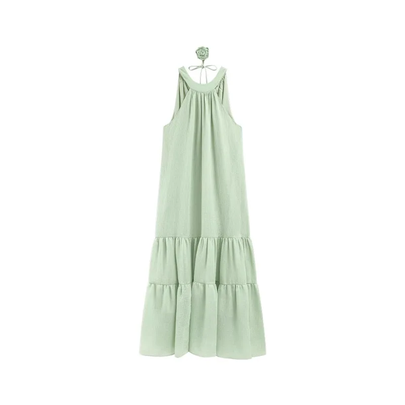 Feminino francês vintage halter pescoço vestido sem mangas fora do ombro solto ajuste em camadas maxi vestido para o verão chique fluindo vestido longo