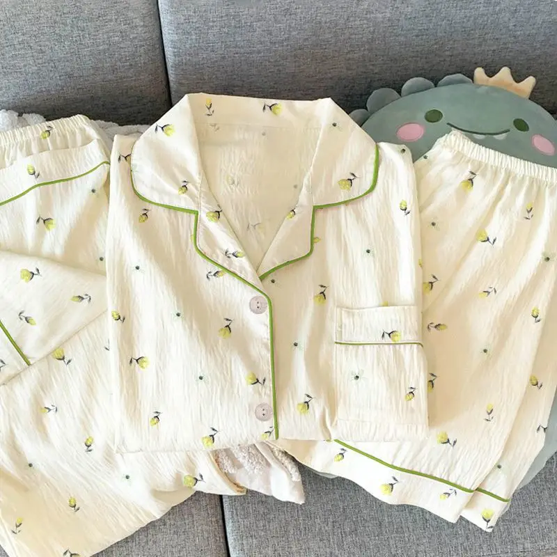 Women Pajama Set 3 Piece Short Sleeve Shirt and Shorts Long Pants Sleepwear Lemon Print Soft Cotton Loungewear Nightwear Pyjamas