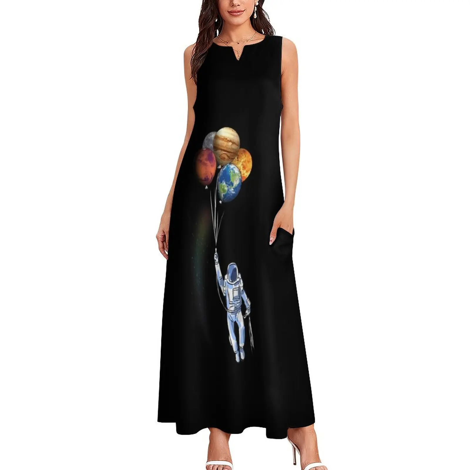 Astronaut Funny Space Spaceman Holding Planet Balloon Long Dress dress for woman Women long dress