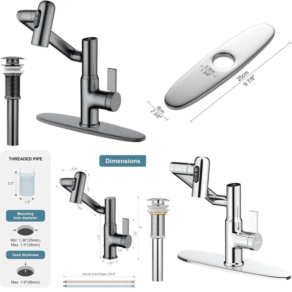 ก๊อกน้ำอ่างล้างหน้าแบบหมุนได้สีเทาพร้อมท่อระบายน้ำแบบป๊อปอัพและแผ่นปิด 10 แผ่น ดีไซน์ทันสมัยเพื่อเพิ่มประสิทธิภาพการทำงาน