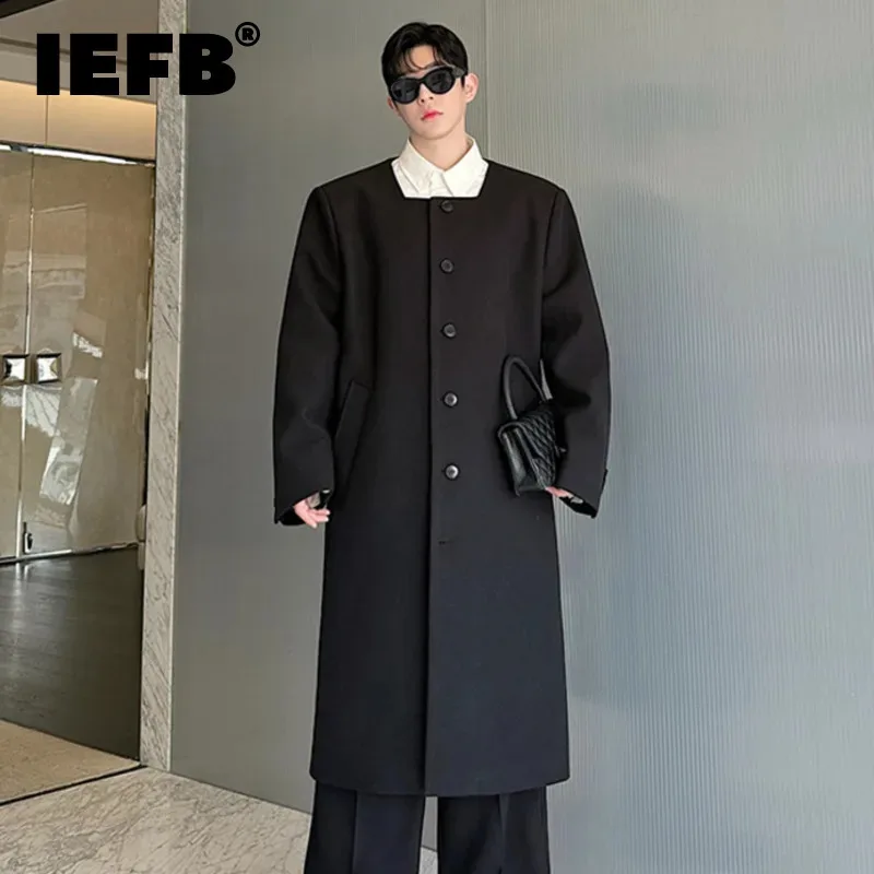 

IEFB Men's Woolen Coats Square Collar Single Breasted Korean Style Solid Color Menswear Casual Overknee Loose Windbreaker 9C8148