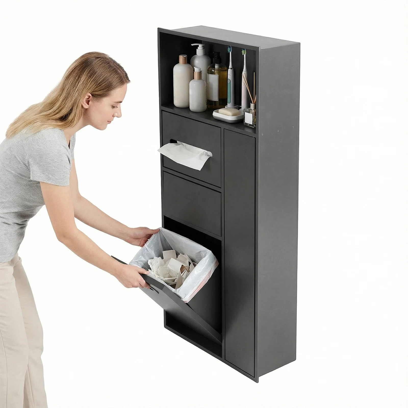 

Встраиваемый скрытый диспенсер для салфеток, водонепроницаемая стальная ниша для душа с выдвижным мусорным ведром для ванной/кухни/отеля