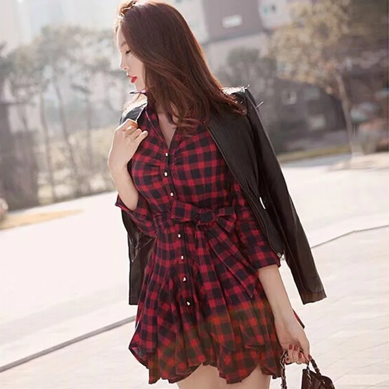 เสื้อเชิ้ตลายสก็อตแขนยาวสไตล์เกาหลี รุ่นใหม่สำหรับฤดูใบไม้ผลิและฤดูใบไม้ร่วง ทรงเข้ารูป กระโปรงสั้นชายระบาย