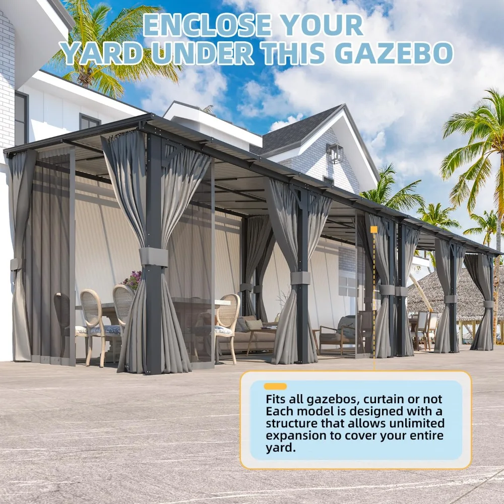 14' X 10' Gazebo for Patio, Hard Top Lean to Gazebo Pergola with Curtains and Mosquito Netting, Large Wall-Mounted, Customized