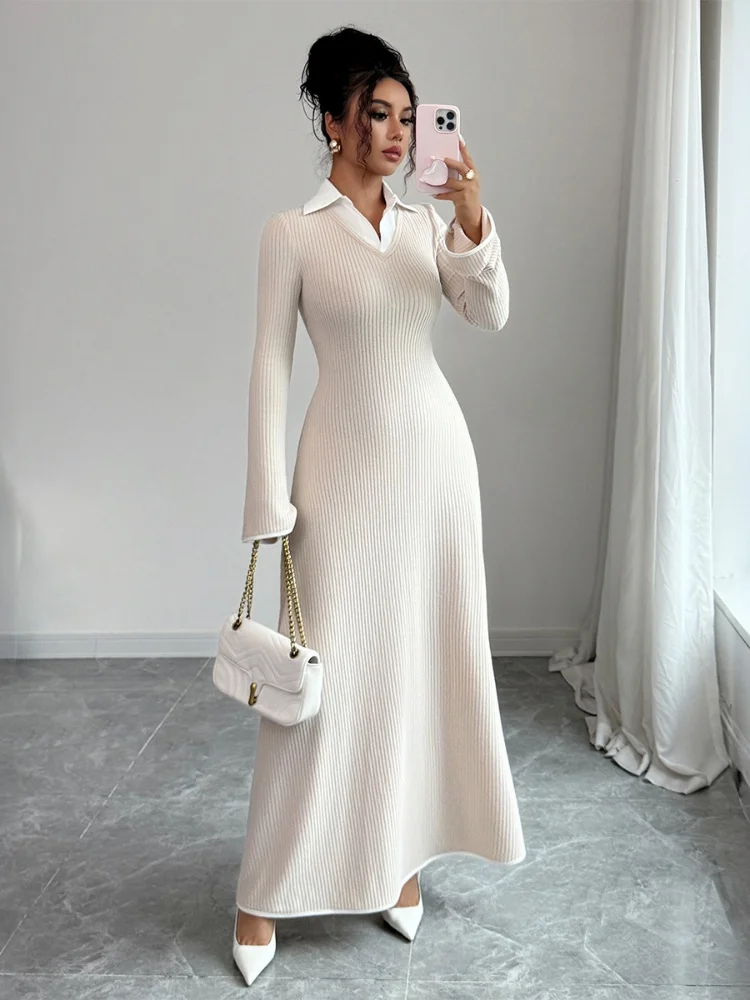 เดรสแฟชั่นลำลองผู้หญิงใหม่ ฤดูใบไม้ร่วง 2025 จาก Three Sisters ทรงเอไลน์ คอปกเสื้อเชิ้ต แขนยาวสีพื้น เอวสูง แขนบาน