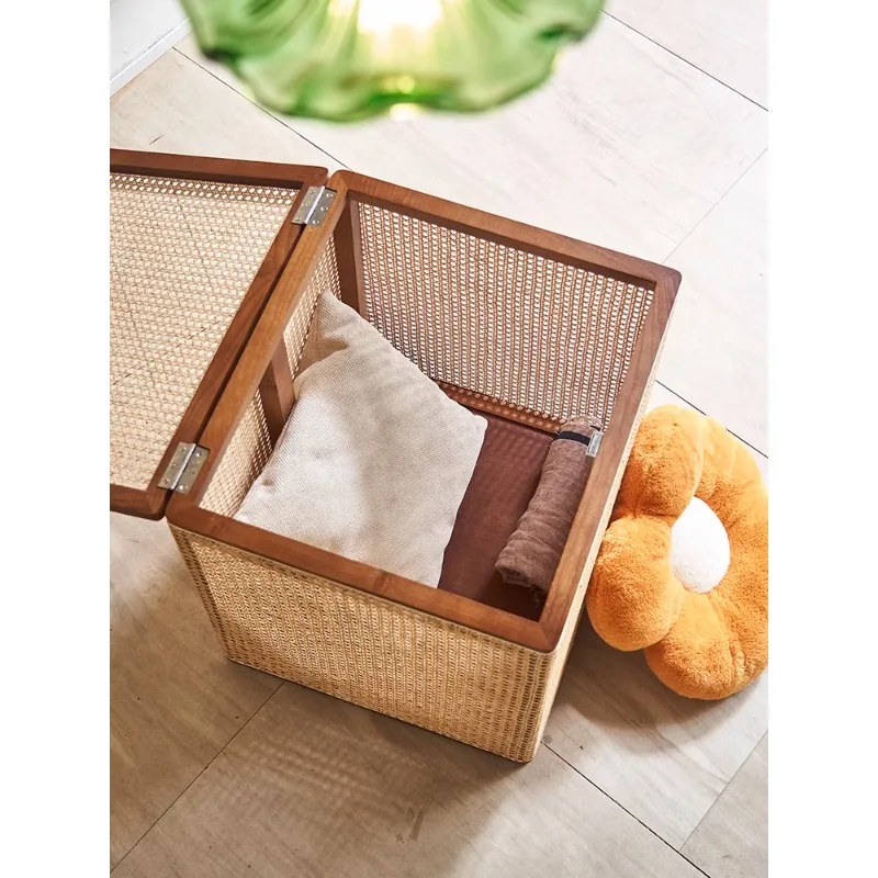 French retro storage box creative solid wood rattan storage  stool hotel home mini  box