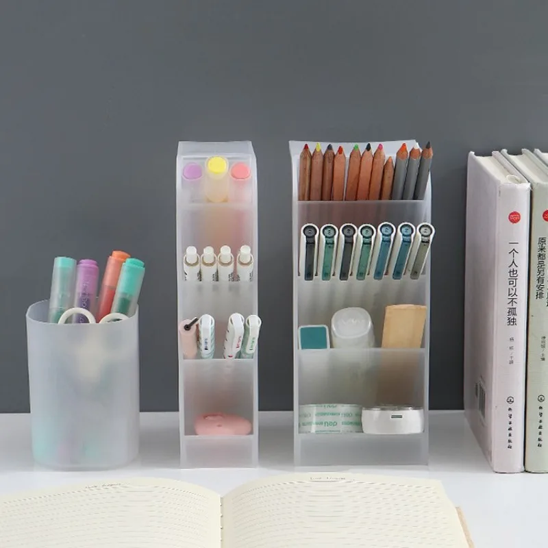 Desktop Transparent Frosted Pen Holder Diagonal Insert Makeup Brush Lipstick Storage Box Multifunctional Stationery Storage Tube