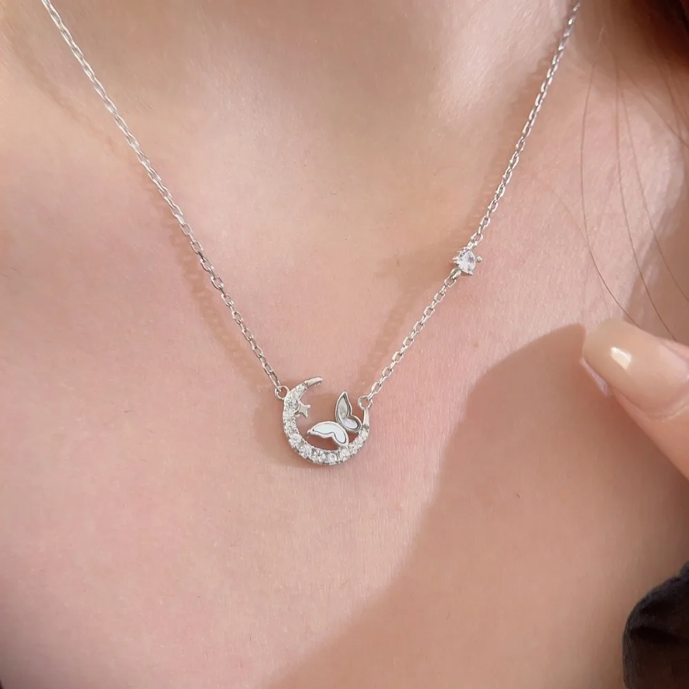 الهلال القمر ستار الفراشة شكل قلادة ضوء الفاخرة الأم شل تصميم الترقوة سلسلة قلادة