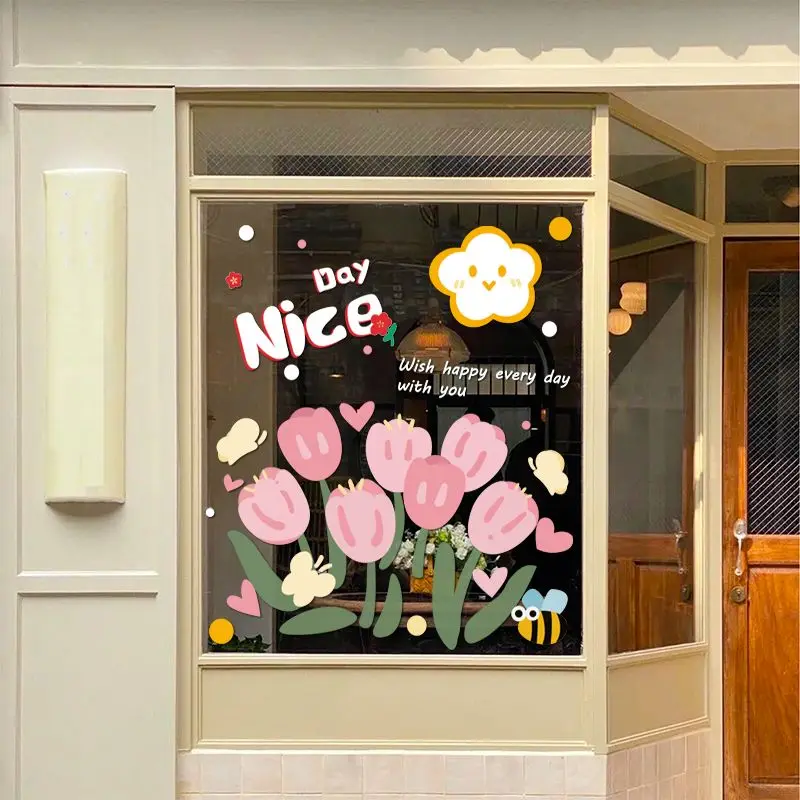 

Japanese Style Shop Glass Stickers Flower Display Windows Door Electrostatic Adsorption Film Cartoon Decorations Bathroom Door