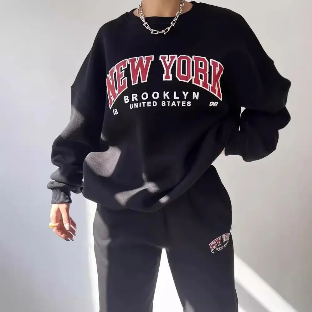 Women Letter Print Tracksuit Loose Casual O-neck Long Sleeve Sweatshirt Pant Training Two Piece Set Female Oversized Trouser Set