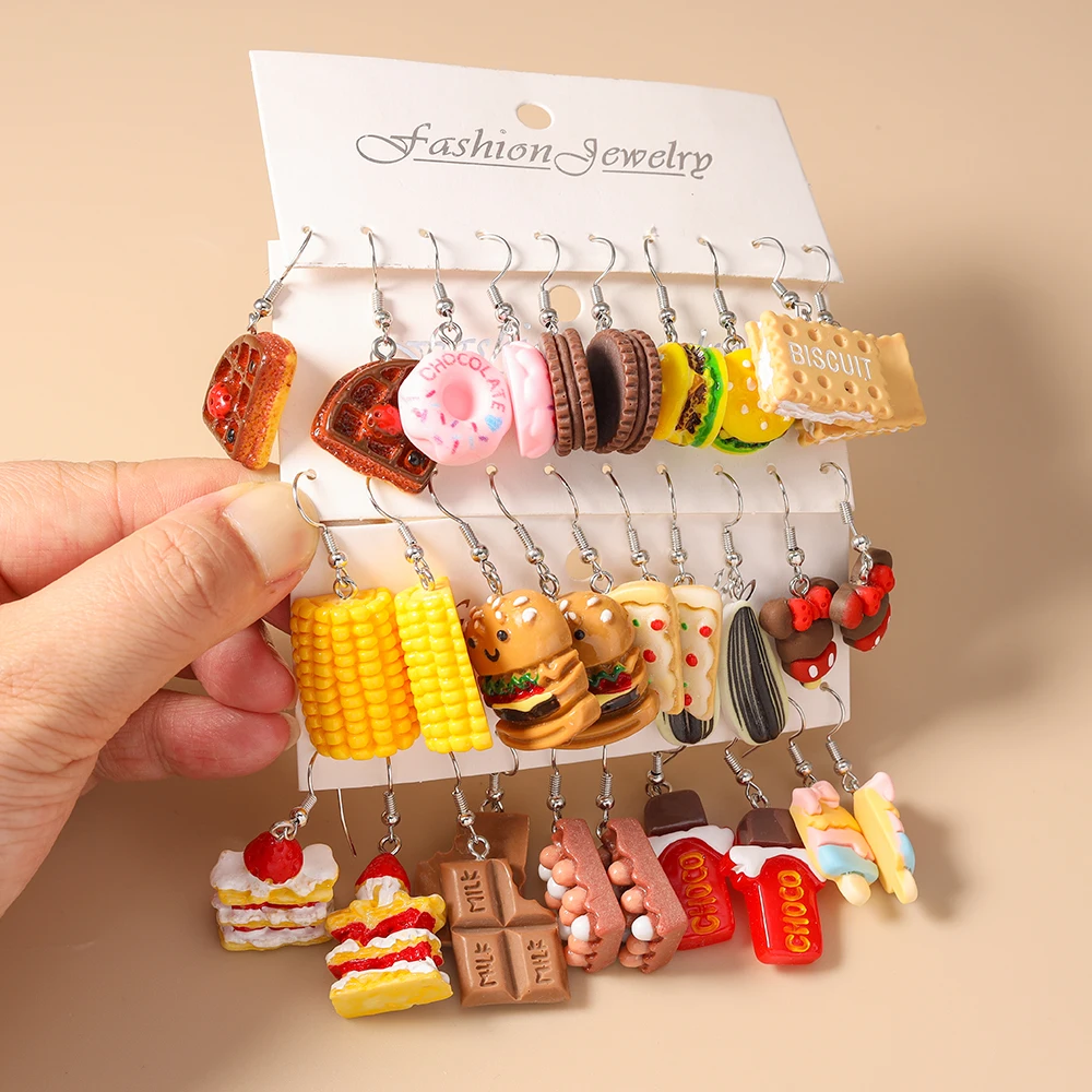 Aihua New In Women Earring Resin Funny Food Earrings French Fries Cookies Ice Cream Bread Hot Dog Pizza Chocolate Girl Kids Gift