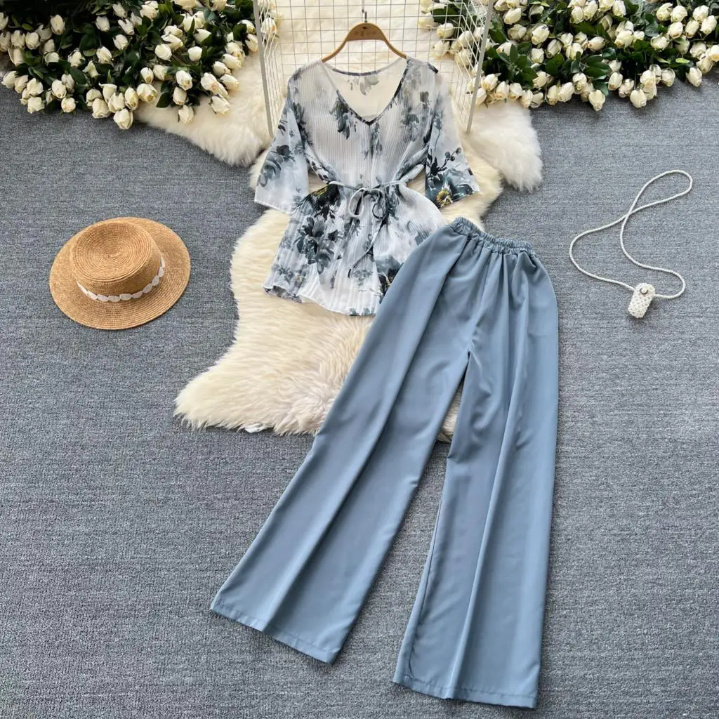 Elegant and Chic Women Floral Summer Pantsuit Chiffon Lace Shirts Top Wide-Leg Pants Two Pieces Set Female Clothes New Outfits