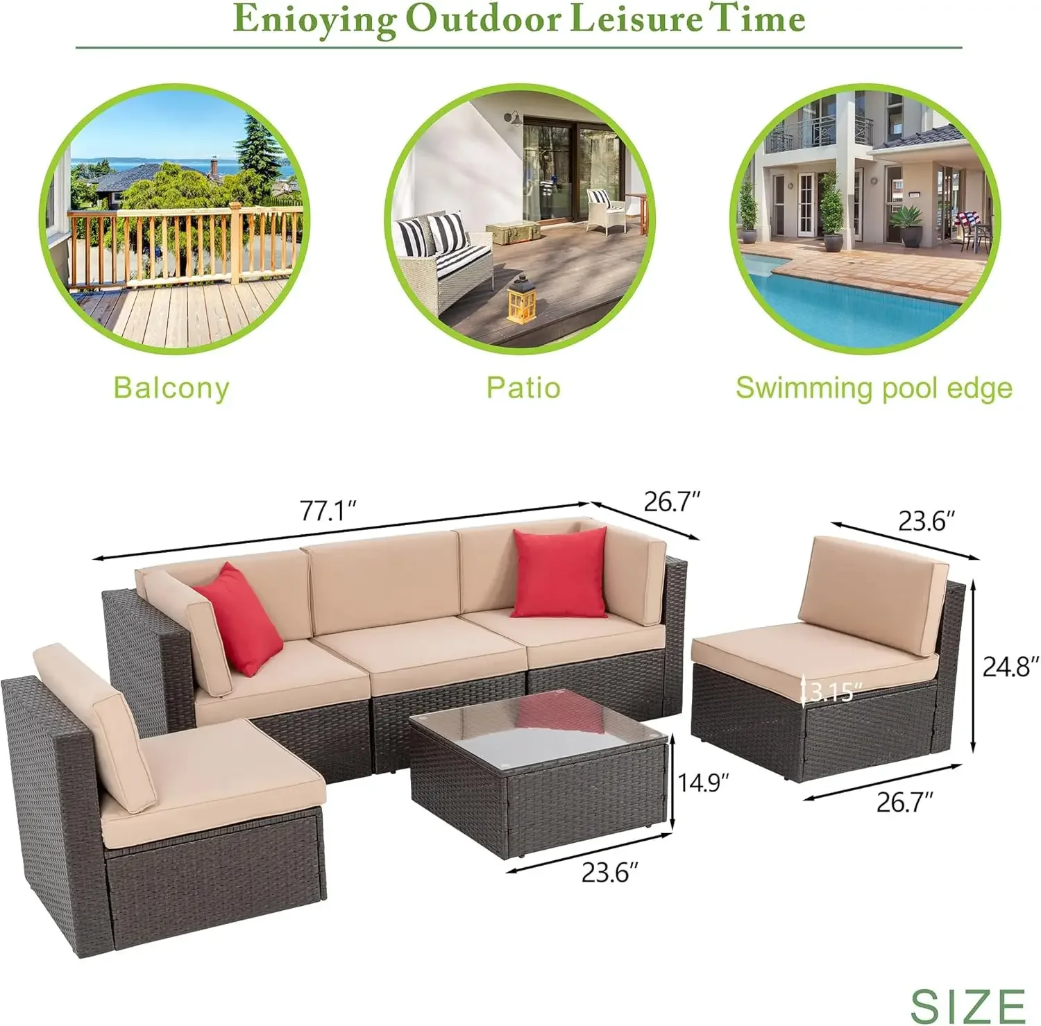 Vongrasig 6 Delige Kleine Tuinmeubelsets, All Weather Pe Wicker Rotan Outdoor Sectional Sofa Conversatie Bank Met Glas