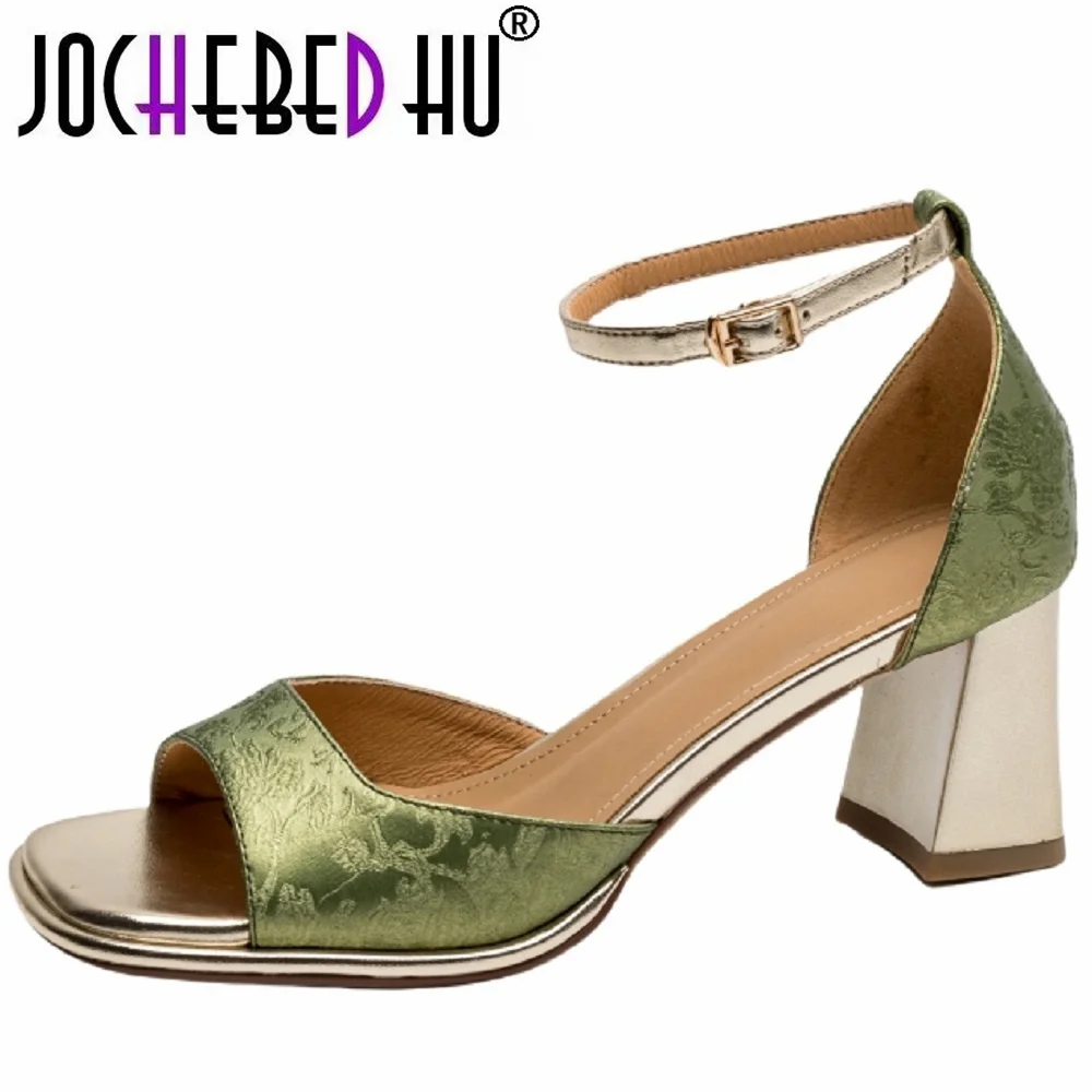 【JOCHEBED HU】Style Genuine Leather Open Toe Women Sandals Summer New Ethnic Square High Heels Ankle Strap Ladies Dress Shoes