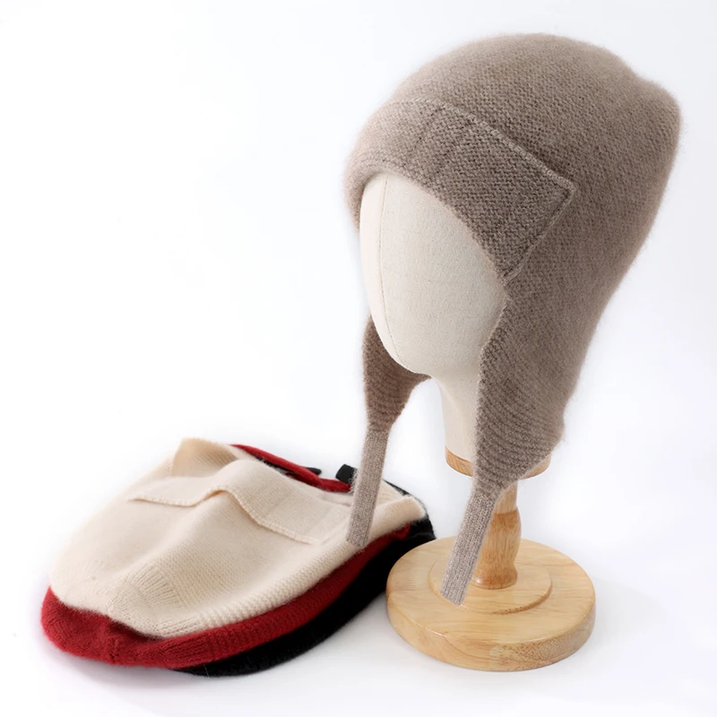

Autumn/Winter Women's Hoodie 100% Pure Cashmere Knitted Hat Casual Solid Color Baotou Hat Warm Ear Protection Hat