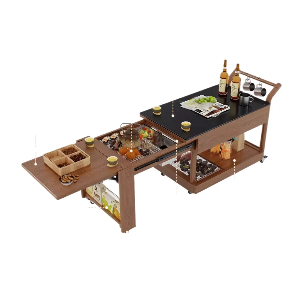 

Solid wood movable tea table, stove, boiling tea table, living room, balcony, extendable rock board, edge, household use