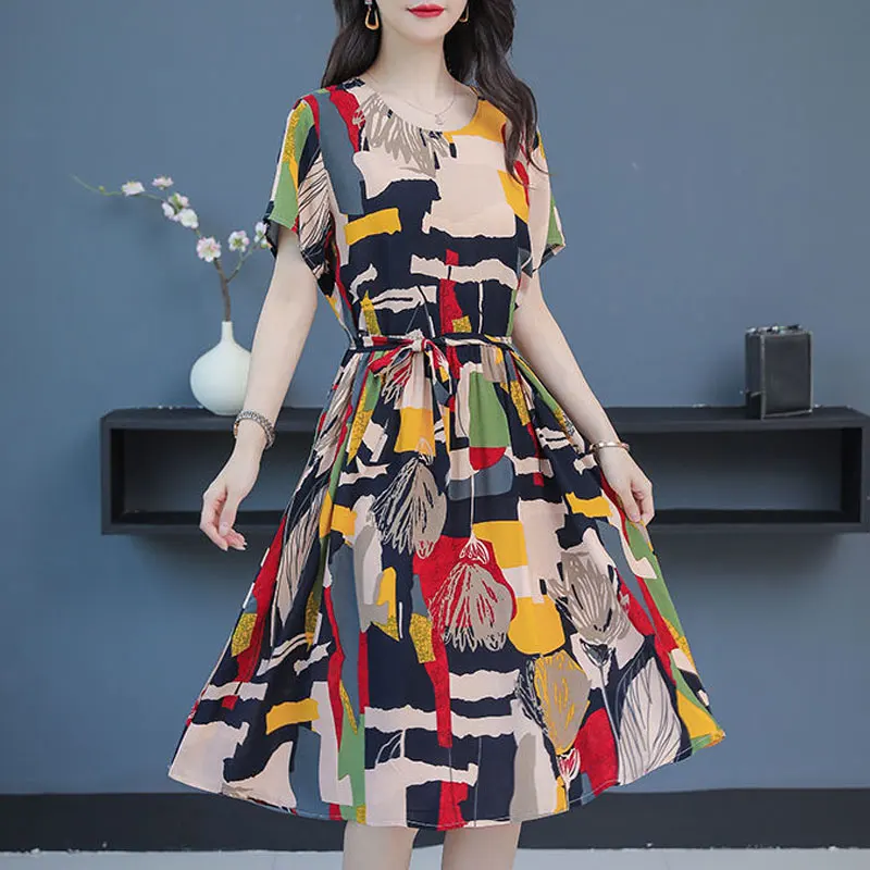 Female Clothing Fashion Drawstring Bow Midi Dress Vintage Printed Summer A-Line Waist Commute Round Neck Short Sleeve Dresses