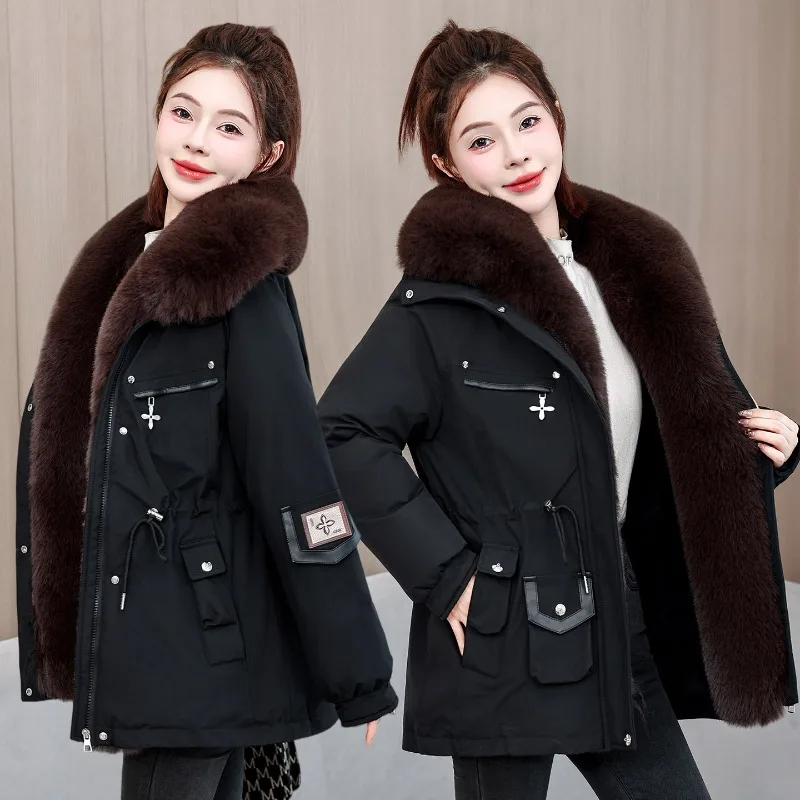 2026 New Women Winter Jacket Slim Mid Long Coat Casual Parkas Big Fur Collar Fleece Liner Outwear Female Snow Warm Cotton Coats