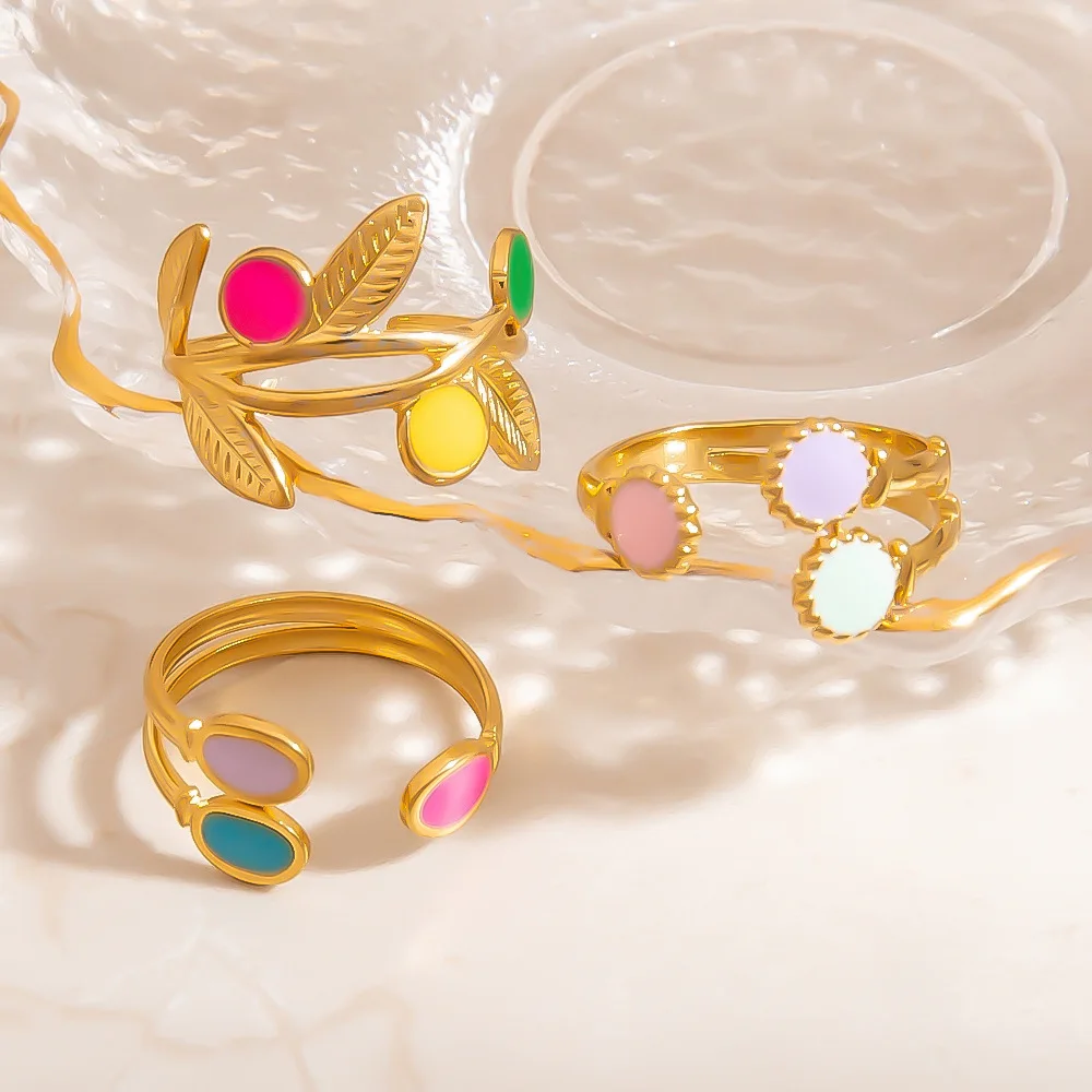 DIEYURO 316L الفولاذ المقاوم للصدأ الملونة يقطر النفط يترك فروع حلقة مفتوحة المرأة موضة جديدة موجزة خاتم مقاوم للماء