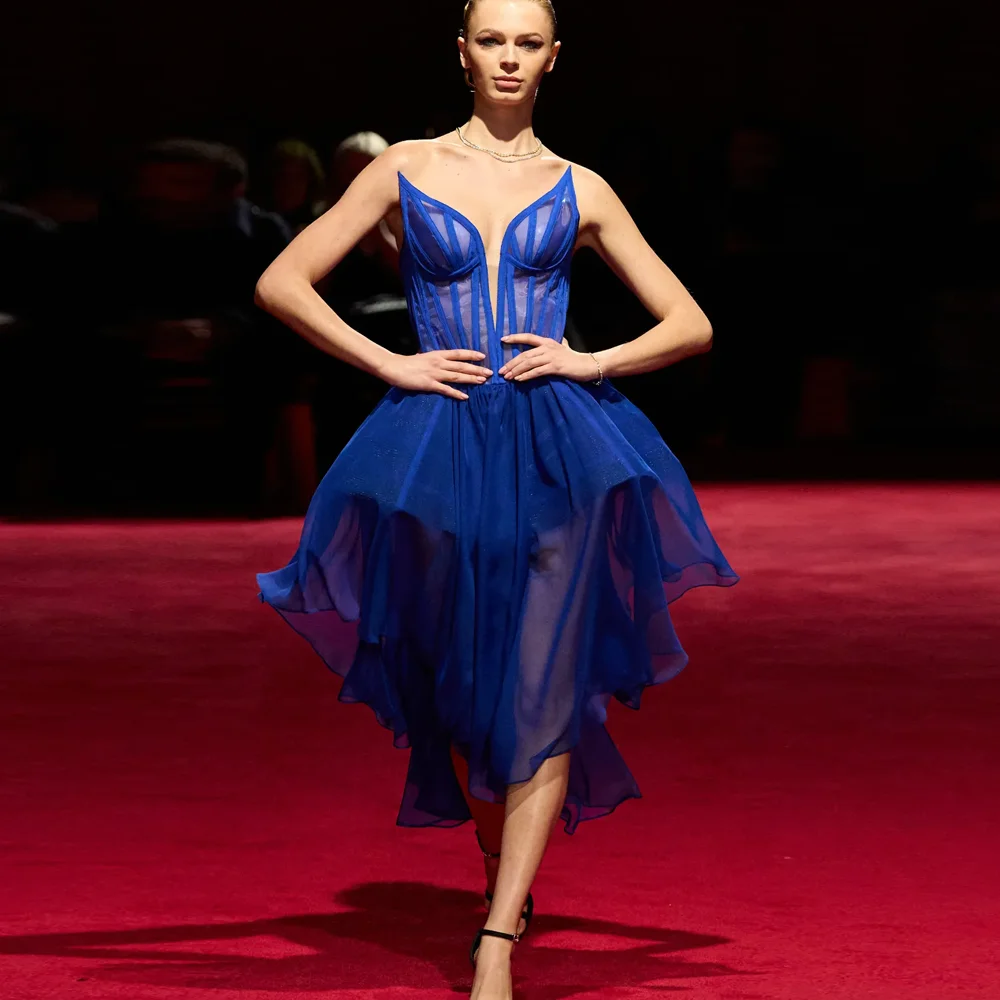 

Couture Royal Blue Mid Calf Women Formal Dresses With Corset Bustier See Thru Sexy Party Dress Lace Up Back