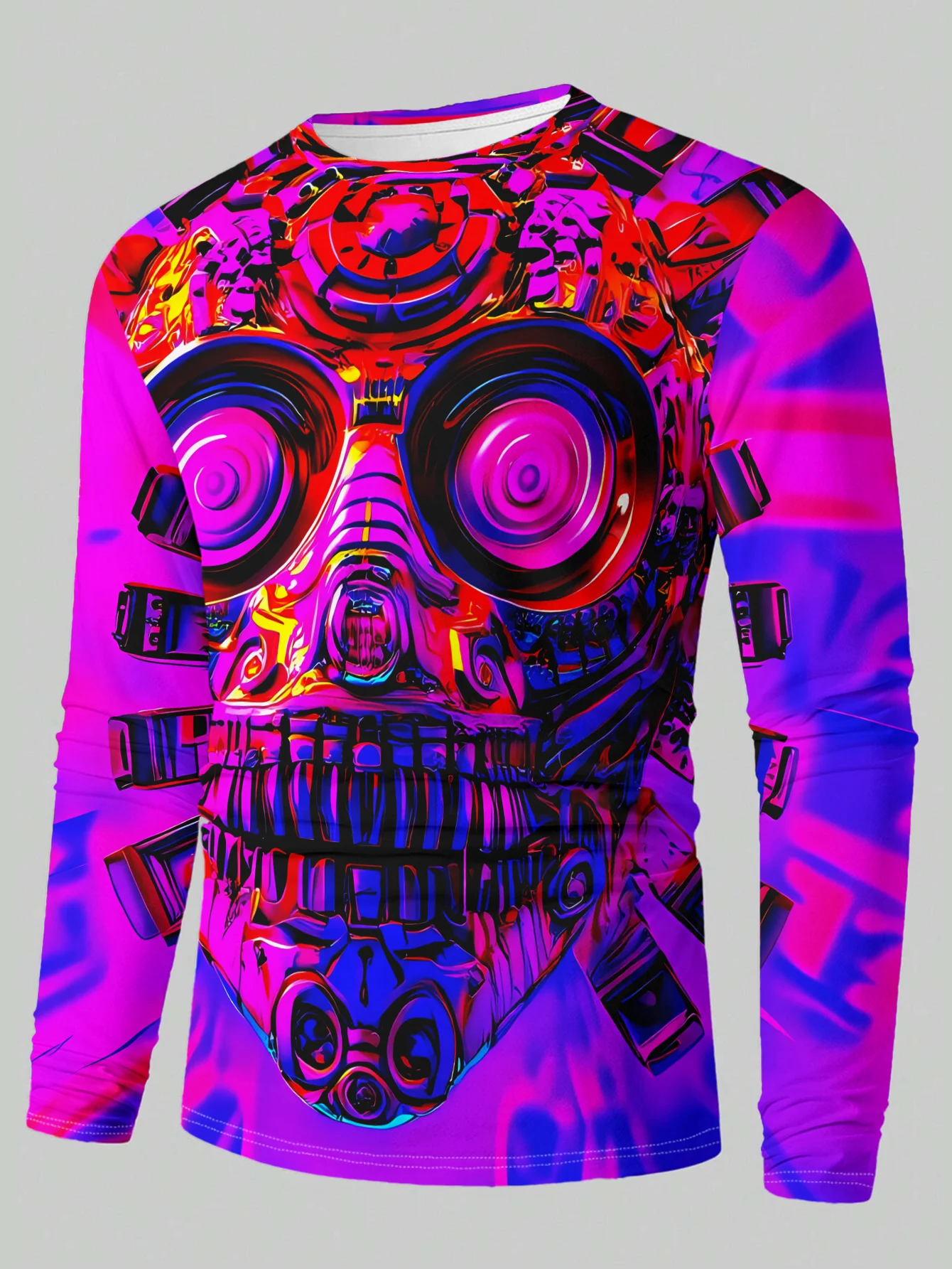 Men Long Sleeve T‑Shirt Psychedelic Sugar Skull Abstract Geometric Print Crew Neck Festival Streetwear Tops
