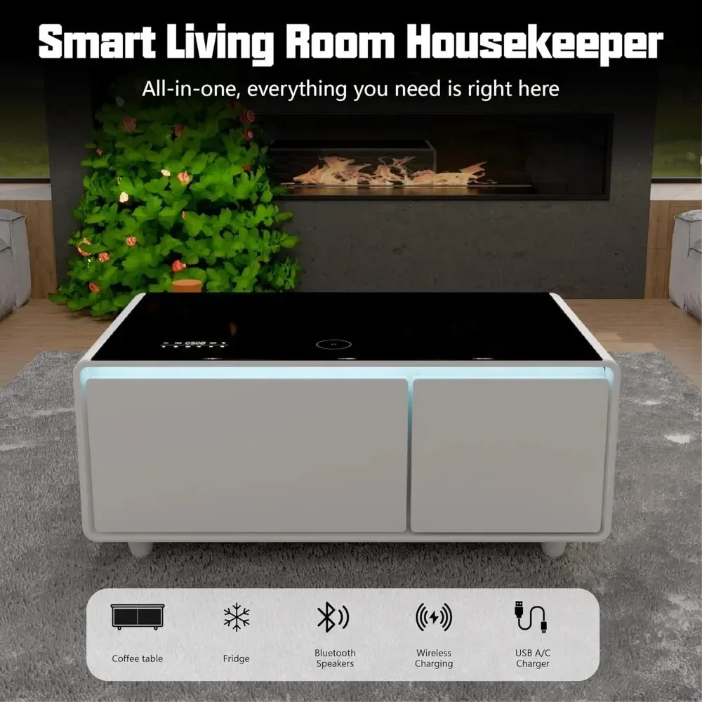 طاولة قهوة ذكية مع ثلاجة ومكبرات صوت مدمجة - قطعة غرفة معيشة مع شحن لاسلكي بقوة 15 وات ومنافذ USB #5