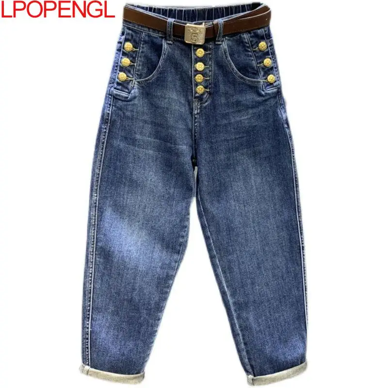 Imagem -05 - Calça Jeans Feminina Monocromática de Cintura Alta Calça Jeans Reta Botão Temperamento Cintura Elástica Calças Harém Roupa de Lavar Roupa Outono