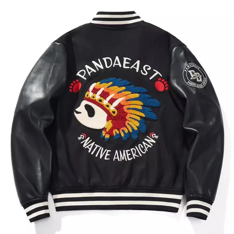 Black White Stripe High Street Streetwear Coat PU Woolen Men Boy Panda 72 Letterman Varsity Award Sukajan Souvenir Jacket Indian