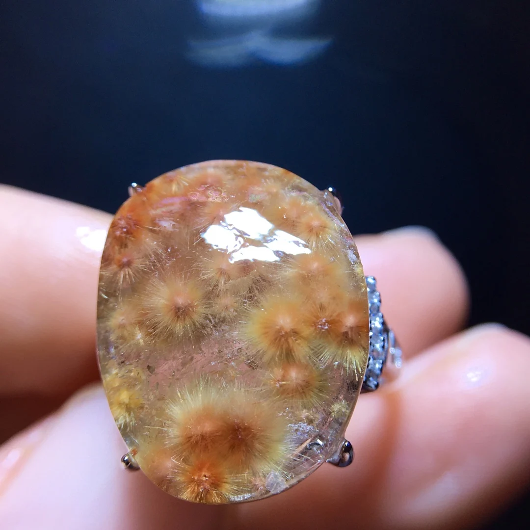 

Natural Gold Rutilated Quartz Adjustable Ring Oval 18.8/14.5mm Women 925 Silver Yellow Rutilated Beads AAAAAA
