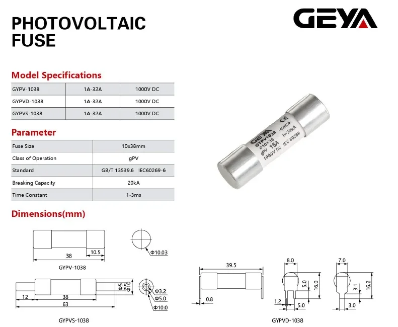 GEYA1P Solar Photovoltaic Fuse Holder 10*38mm PV Fuse Fuse Link for Solar System Protection 1000V DC 10A 15A 20A 25A 30A