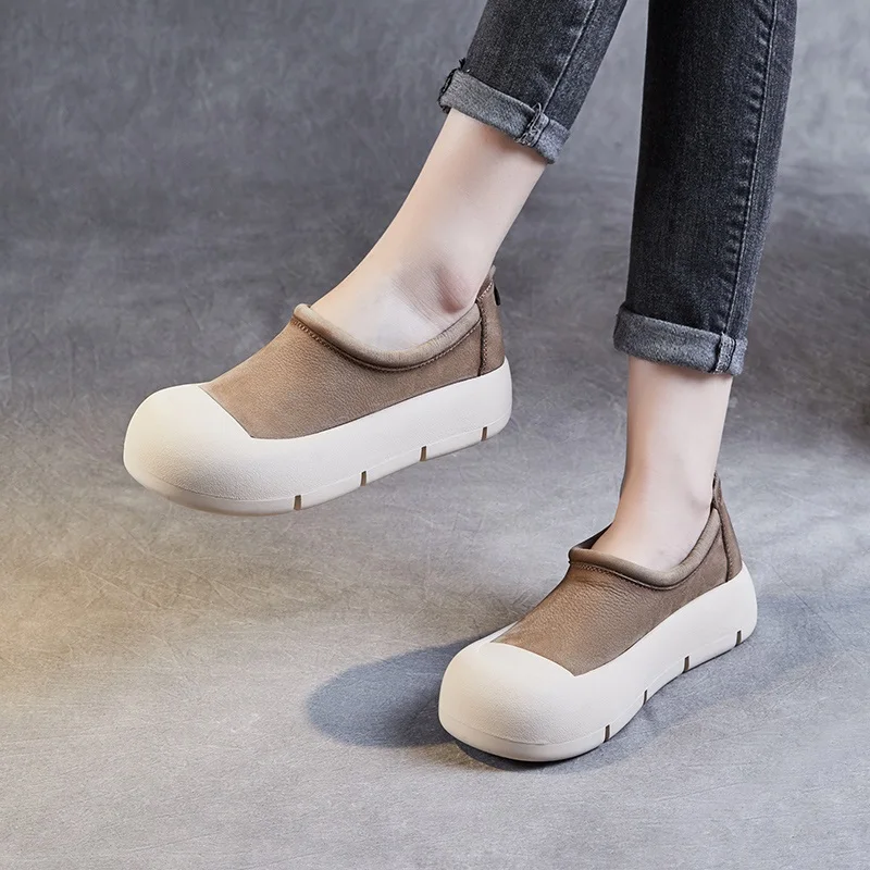 DRKANOL Fashion Women Flat Platform Shoes Spring Round Toe Back Zipper Genuine Cow Leather Academic Style Casual Loafers Female