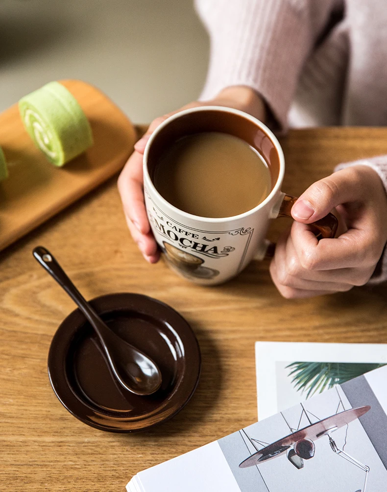 Creative Retro Mug with Spoon, Breakfast Mug, Cereal Milk, Cute Ceramic Cup, Insulated Coffee, Oatmeal Cup, Daily Household