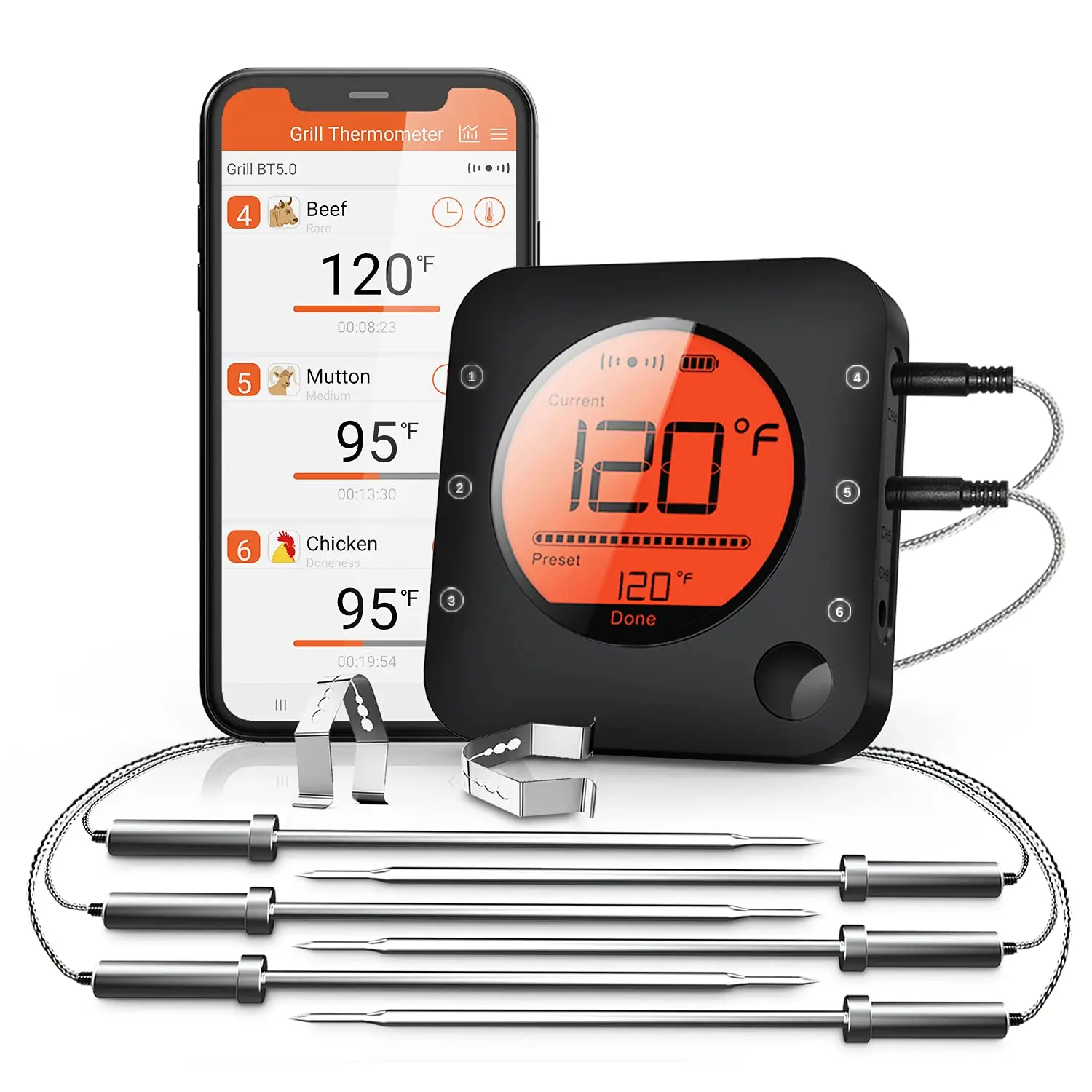 

Wireless Meat Thermometer with 6 Probes, Bluetooth 5.2, Large LCD Display for Grilling and BBQ