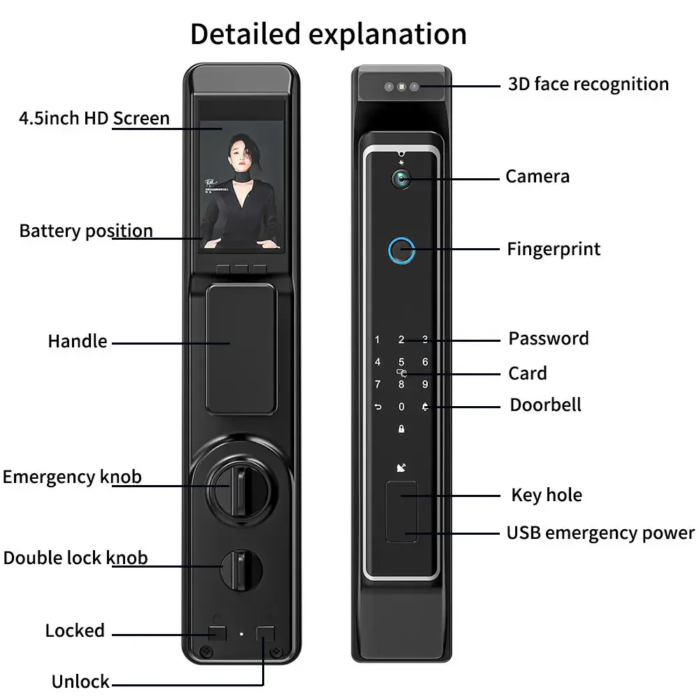 Venda quente nuvem facial tuya wifi ttlock impressão digital smartlock reconhecimento facial automático fechadura da porta código digital câmera de bloqueio inteligente