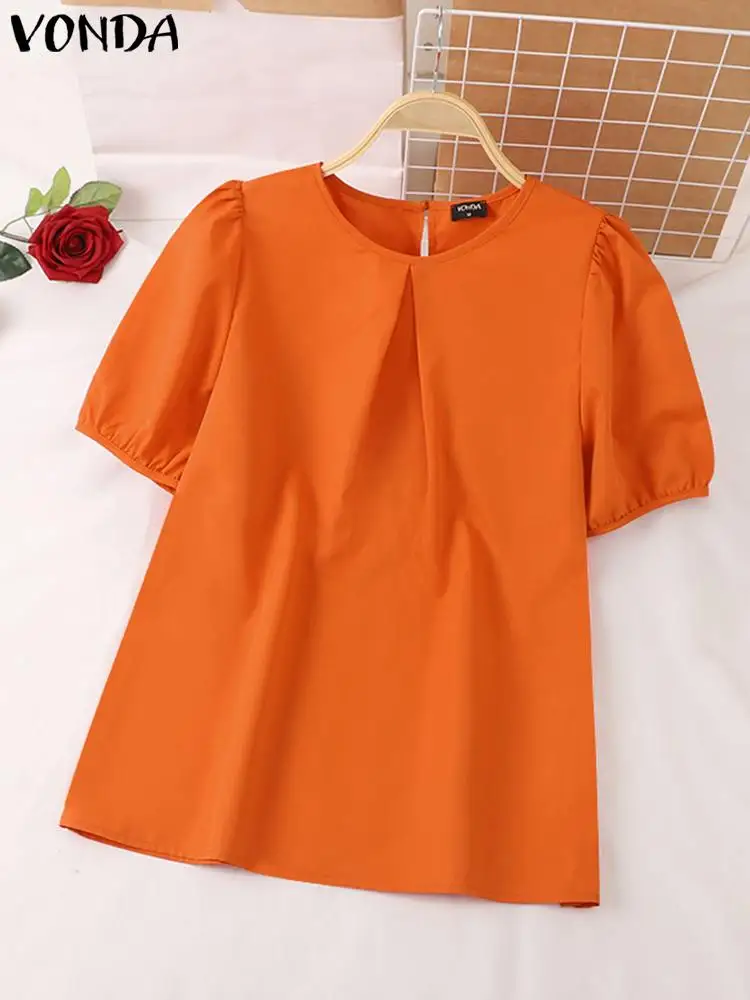 VONDA Women Tunic Tops 2024 Summer Elegant Blouse Fashion Casual Short Puff Sleeve Solid Color Shirts Loose Blusas Femininas