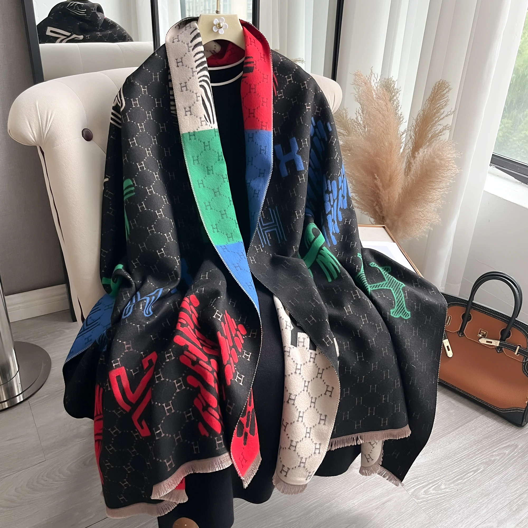 

latest Elegant Pashmina Double-Sided letter Jacquard Scarf with Fringe - Thick, Warm, and Windproof for Winter Outdoor Shawl