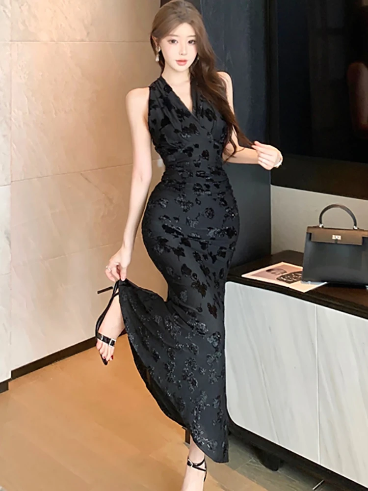 Abito da gala di lusso con volant pieghettato jacquard nero Abito da festival aderente vintage estivo da donna 2025 Abiti eleganti coreani Hepburn