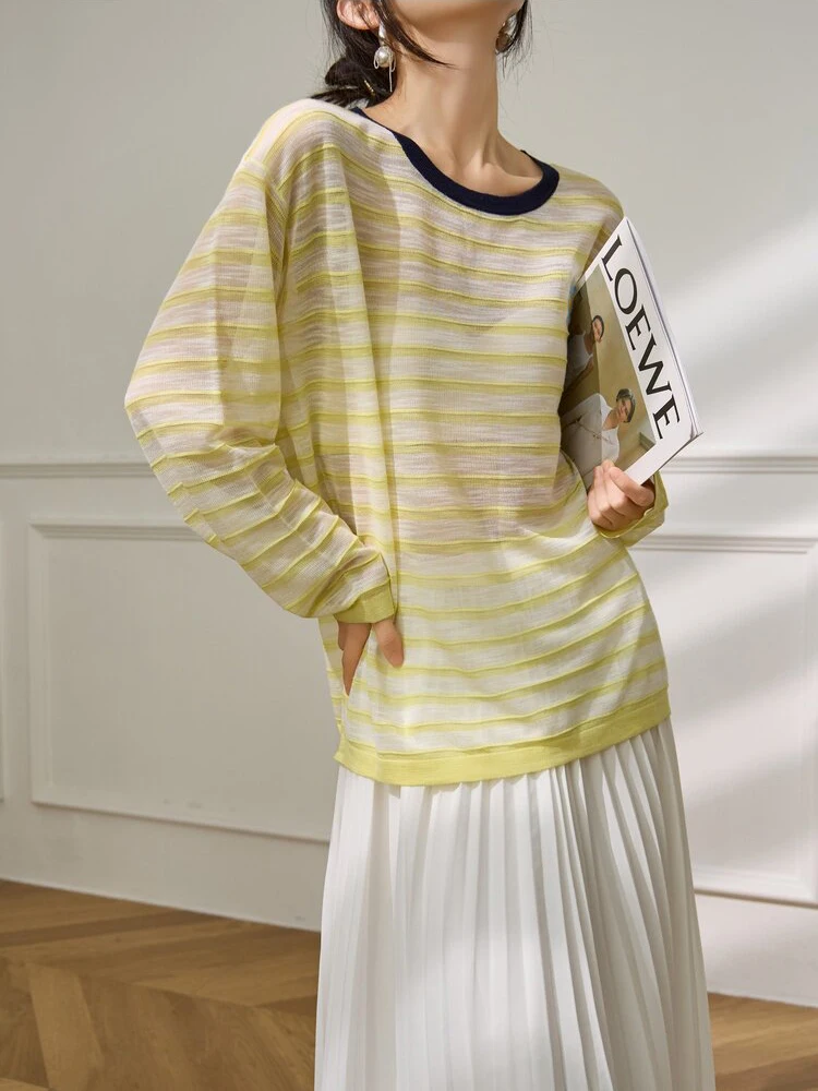 English Title  Women Striped Knit Top Casual Loose Fit Long Sleeve Shirt Floral Embroidery Pullover Sweater Spring Summer Soft F