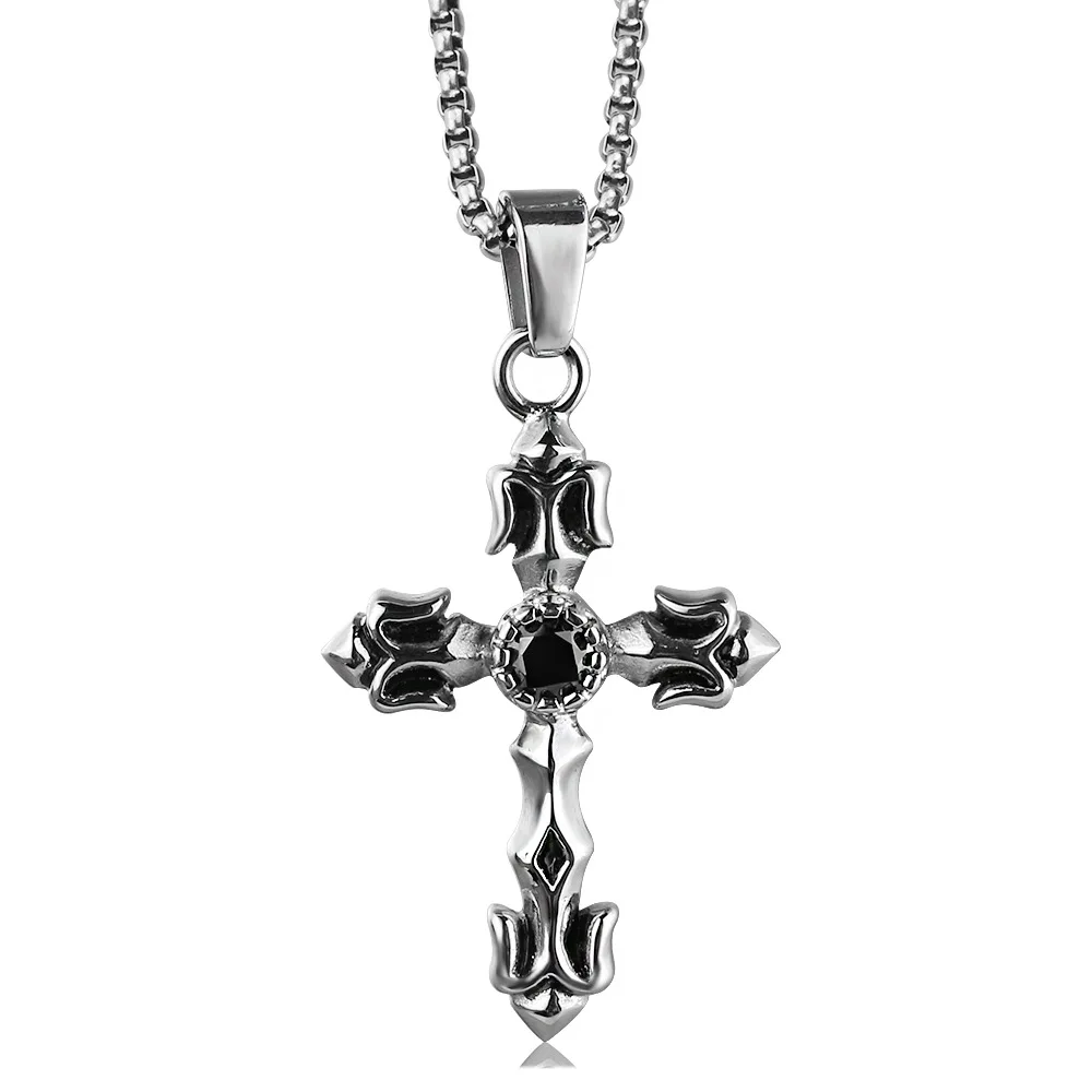 Personalized Titanium Steel Black Diamond Cross Pendant Stainless Steel Zircon Casting Men's Necklace Outdoor EDC tools