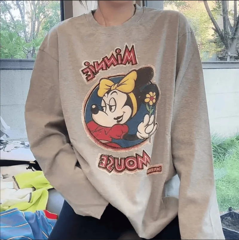 

Весенне-осенняя футболка из чистого хлопка с длинными рукавами и принтом Минни для мужчин и женщин, свободные простые серые топы с круглым вырезом, винтажная одежда