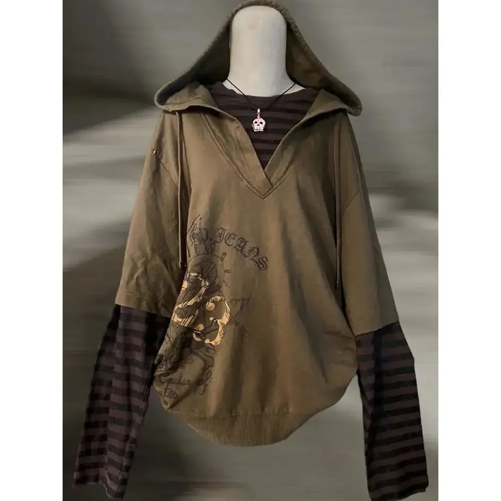 American retro design brown fake two-piece sweatshirt vintage hooded Central Asian loose slimming top spring and autumn y2k ins