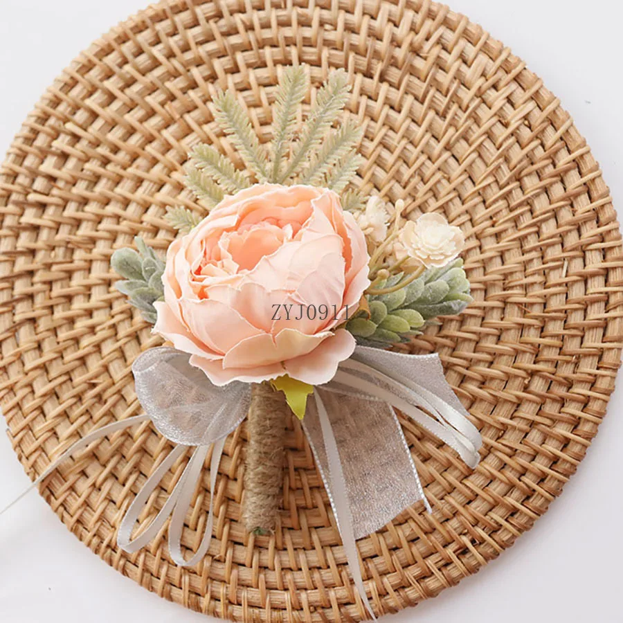 * مجموعة معصم الزفاف الوردي والعروة للعروس ووصيفة العروس والرجل والعريس وإكسسوارات زهور الزفاف باللون الأحمر