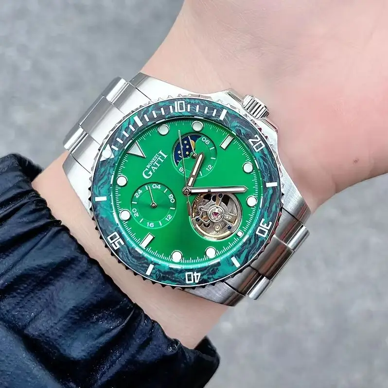 BONEST GATTI Men Automatic Watch 42mm Mechanical Wristwatch 10ATM Waterproof Sapphire Mirror Luminous Sun-moon Dial 24 Hours