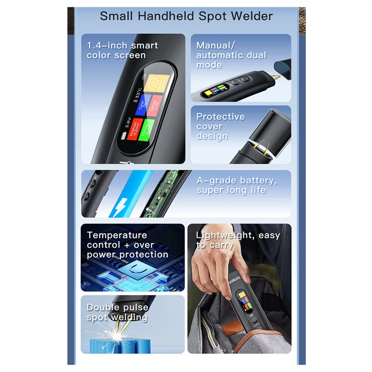 A83Z  99-Layer Welding Gears Handheld Spot Welder Adjustable Portable Digital Display Mini Spot Welding Machine