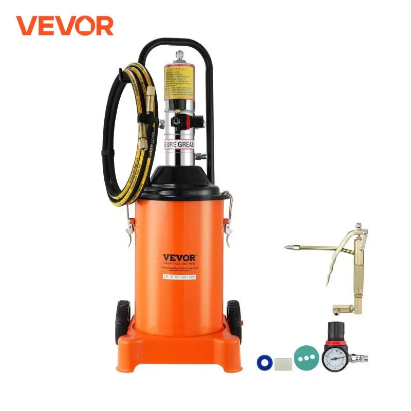 VEVOR 3/5/10 Gallon Grease Pump Air Operated with Hose Pneumatic Grease Bucket Gun and Wheels for Cars 50:1 Pressure Ratio