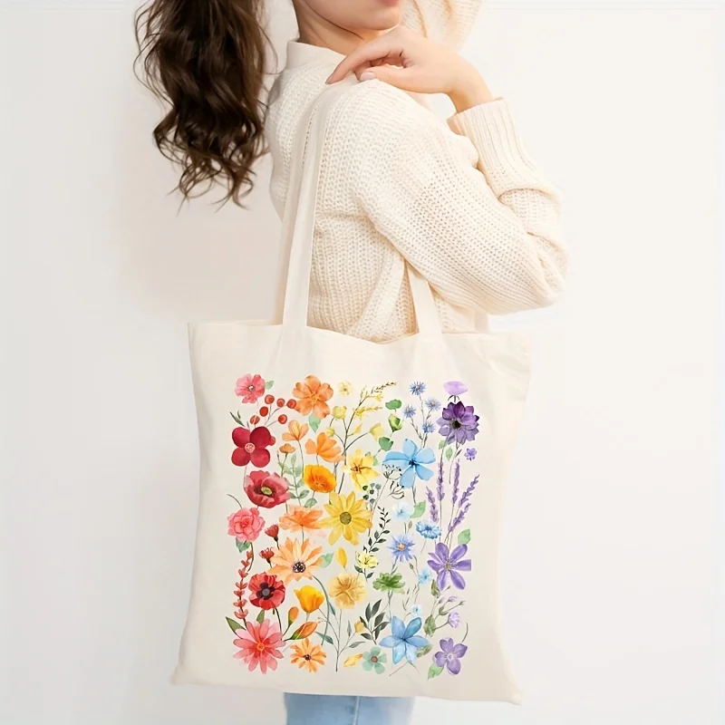 Wildflowers Tote Bag Pattern Canvas Tote Bag Shopping Bags Xmas Ornament New Year Gift for Girls Handbag Student Friend Gift