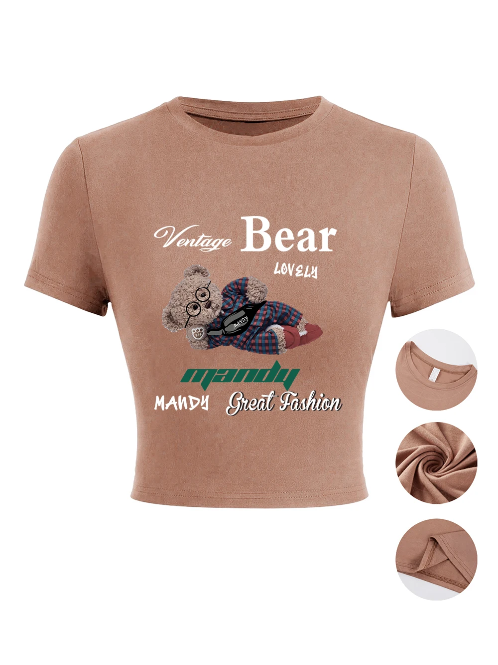 Schöne Cartoon-Bären-Drucke, Damen-Crop-Tops, Sommer-T-Shirts mit hoher Elastizität, weiche T-Shirts, eng anliegend, kurzärmelig, lässige O-Ausschnitt-Kleidung