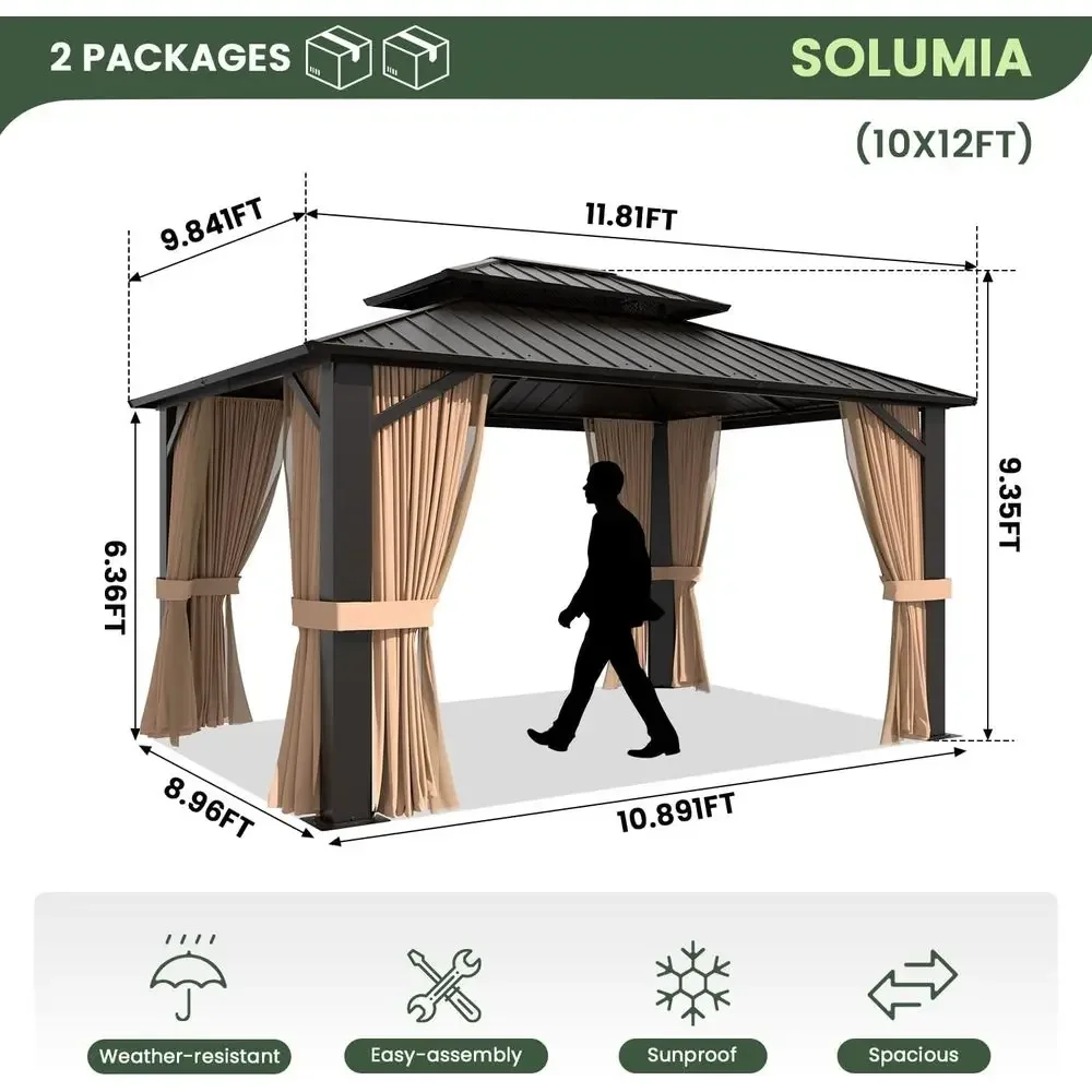 10’x12’ Hardtop Gazebo, Galvanized Steel Double Roo with e, Outdoor Pavilion with Nettings and Curtains